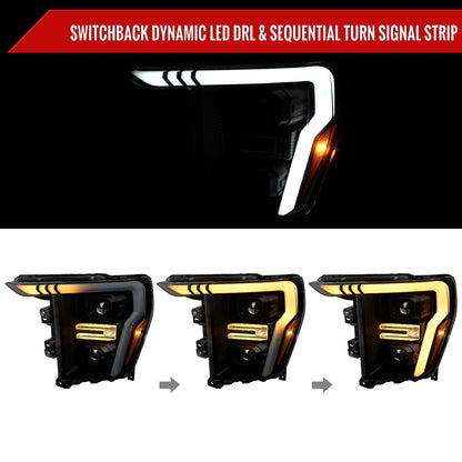 2021-2023 Ford F-150 Projector Headlight w/ Switchback Sequential Turn Signal LED Bar (Black Housing / Smoked Lens)