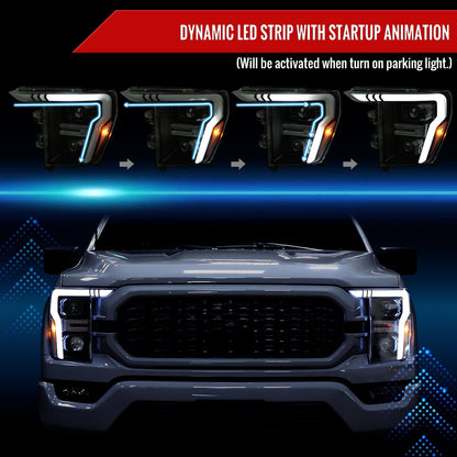 2021-2023 Ford F-150 Projector Headlight w/ Switchback Sequential Turn Signal LED Bar (Black Housing / Smoked Lens)
