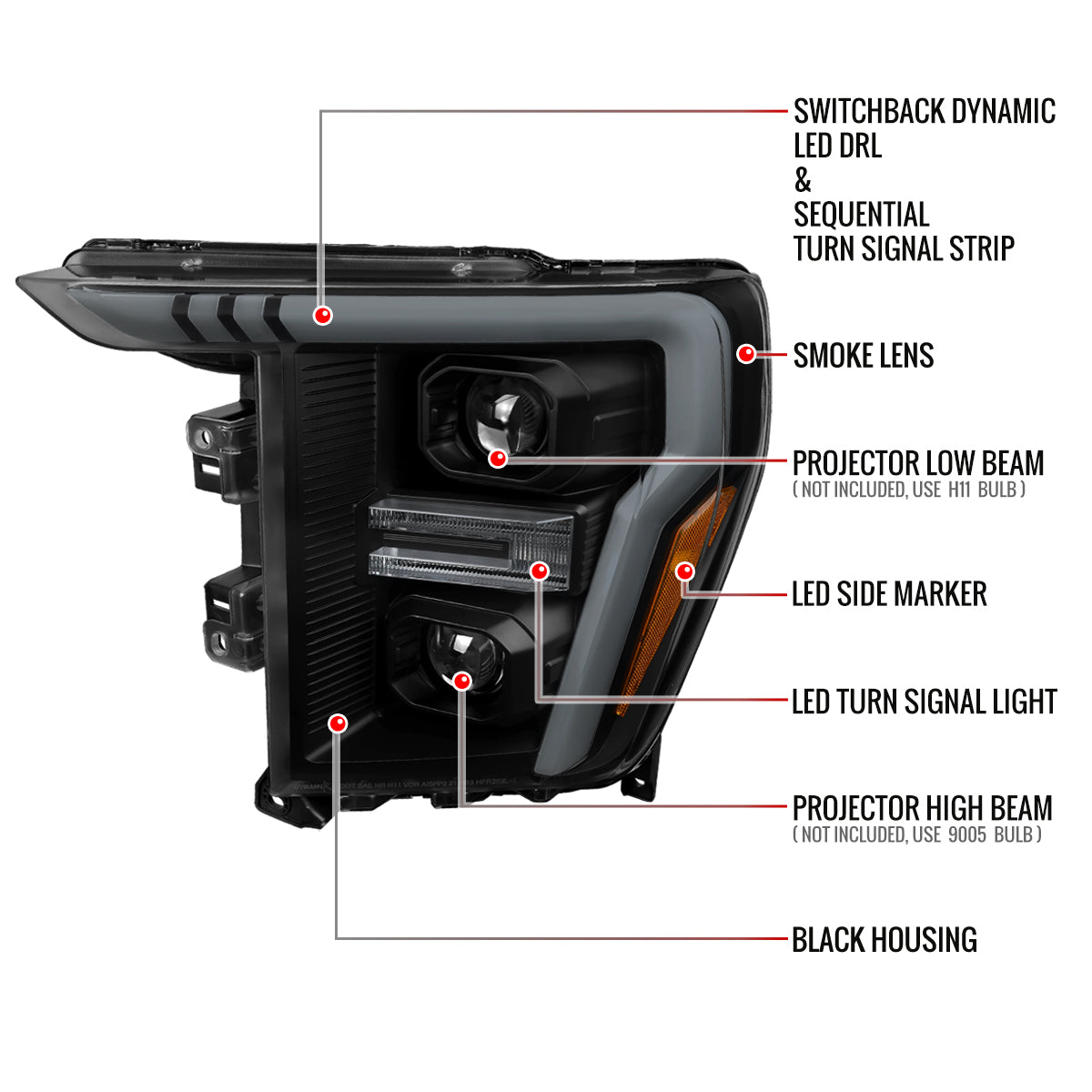 2021-2023 Ford F-150 Projector Headlight w/ Switchback Sequential Turn Signal LED Bar (Black Housing / Smoked Lens)