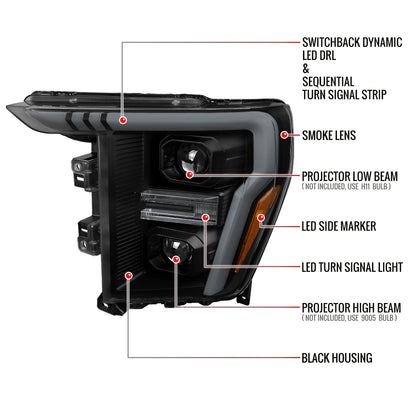 2021-2023 Ford F-150 Projector Headlight w/ Switchback Sequential Turn Signal LED Bar (Black Housing / Smoked Lens)
