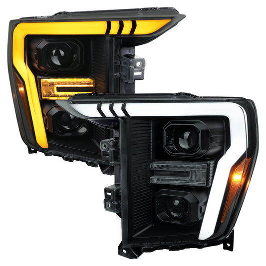 2021-2023 Ford F-150 Projector Headlight w/ Switchback Sequential Turn Signal LED Bar (Black Housing / Smoked Lens)