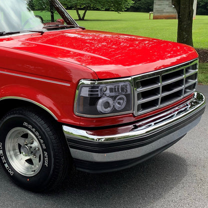 1992-1996 Ford F-150 F-250 F-350 Bronco Dual Halo Projector Headlights (Glossy Black Housing/Smoked Lens)