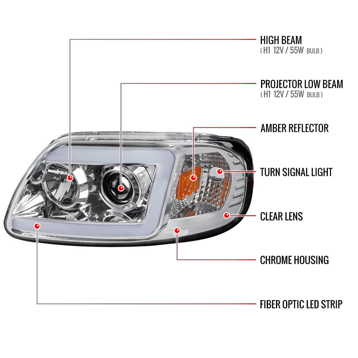 1997-2004 Ford F-150 / 1997-2002 Expedition LED C-Bar Projector Headlights (Chrome Housing/Clear Lens)