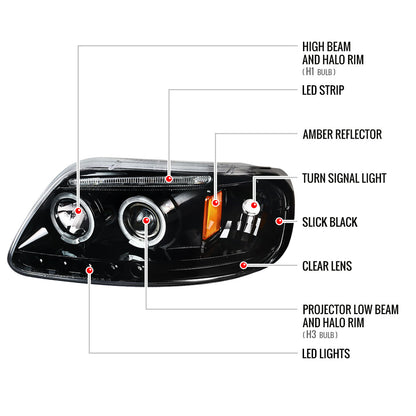 1997-2004 Ford F-150 / 1997-2002 Expedition Dual Halo Projector Headlights (Jet Black Housing/Clear Lens)