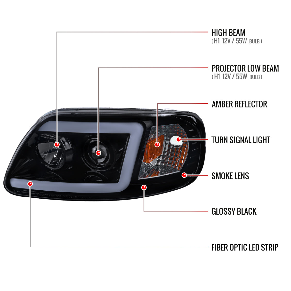 1997-2004 Ford F-150 / 1997-2002 Expedition LED C-Bar Projector Headlights (Glossy Black Housing/Smoked Lens)