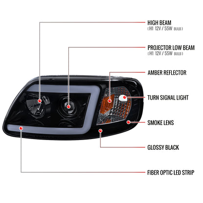 1997-2004 Ford F-150 / 1997-2002 Expedition LED C-Bar Projector Headlights (Glossy Black Housing/Smoked Lens)