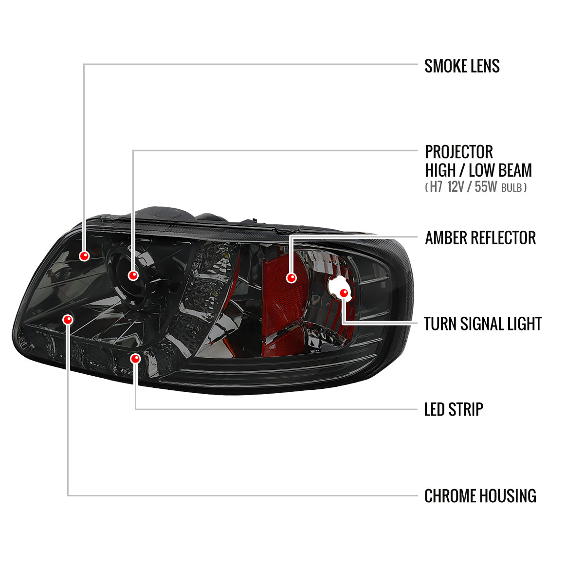 1997-2004 Ford F-150 / 1997-2002 Expedition Projector Headlights w/ SMD LED Light Strip (Chrome Housing/Smoked Lens)