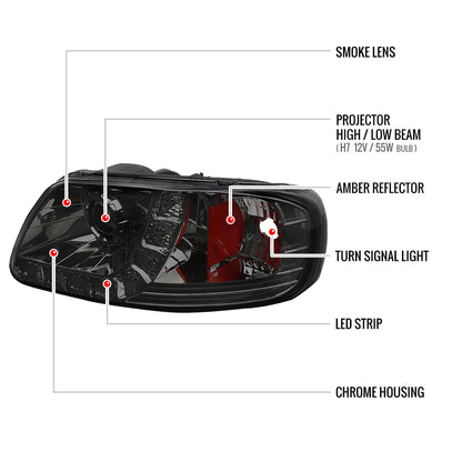 1997-2004 Ford F-150 / 1997-2002 Expedition Projector Headlights w/ SMD LED Light Strip (Chrome Housing/Smoked Lens)