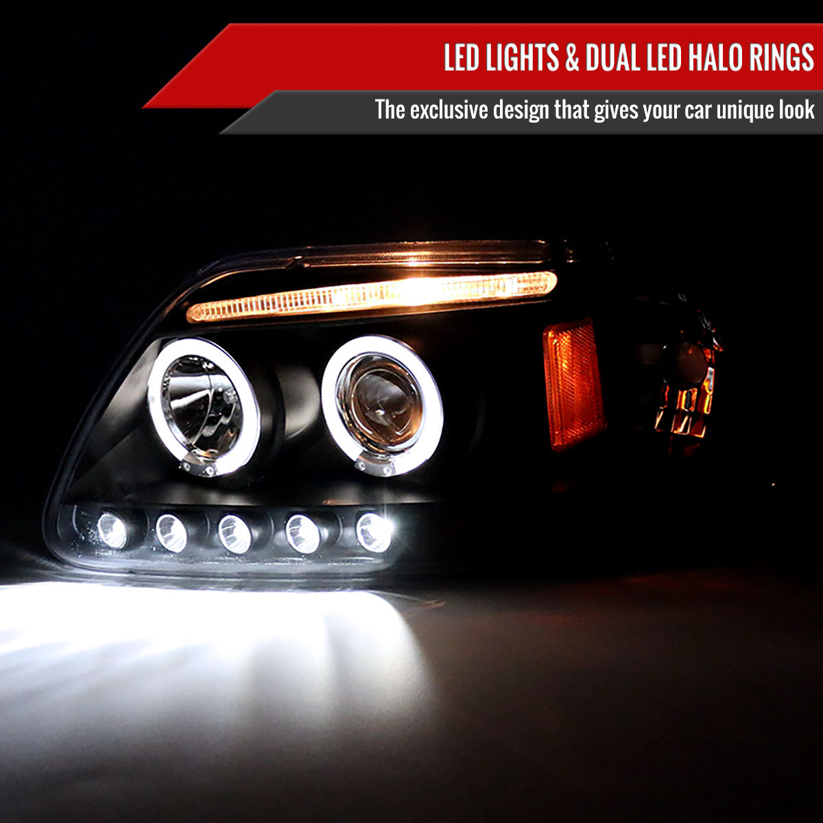 1997-2004 Ford F-150 / 1997-2002 Expedition Dual Halo Projector Headlights (Matte Black Housing/Clear Lens)