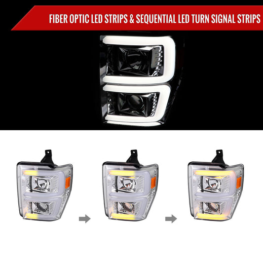 2008-2010 Ford F-250/F-350/F-450/F-550 LED Sequential Turn Signal Bar Projector Headlights (Chrome Housing/Clear Lens)