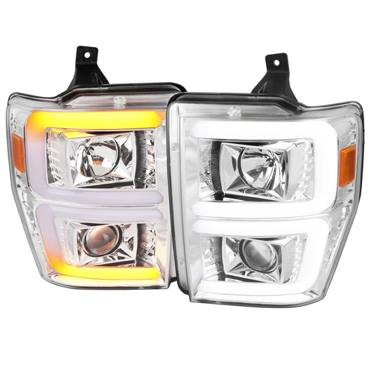 2008-2010 Ford F-250/F-350/F-450/F-550 LED Sequential Turn Signal Bar Projector Headlights (Chrome Housing/Clear Lens)