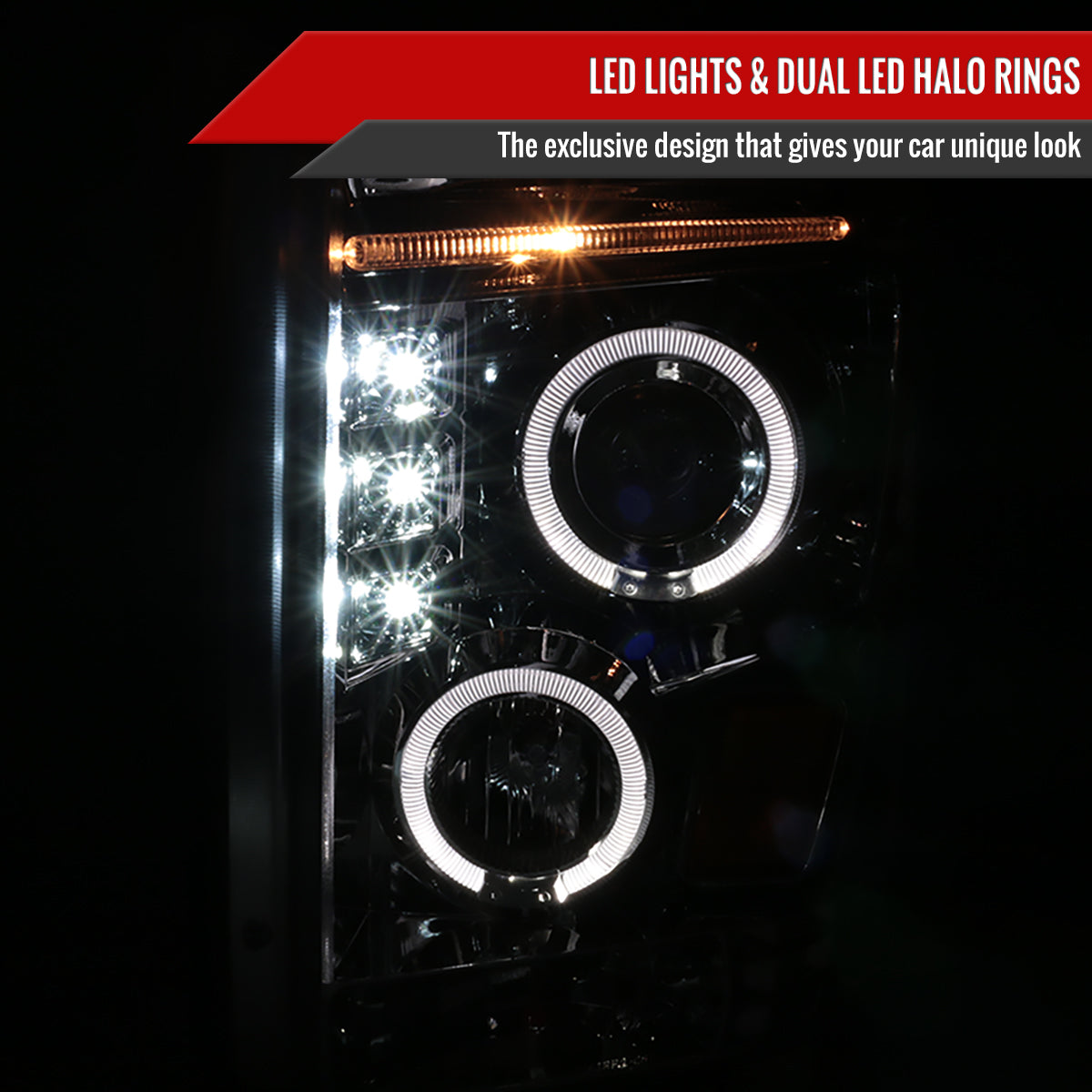 2008-2010 Ford F-250 F-350 F-450 Dual Halo Projector Headlights (Chrome Housing/Clear Lens)
