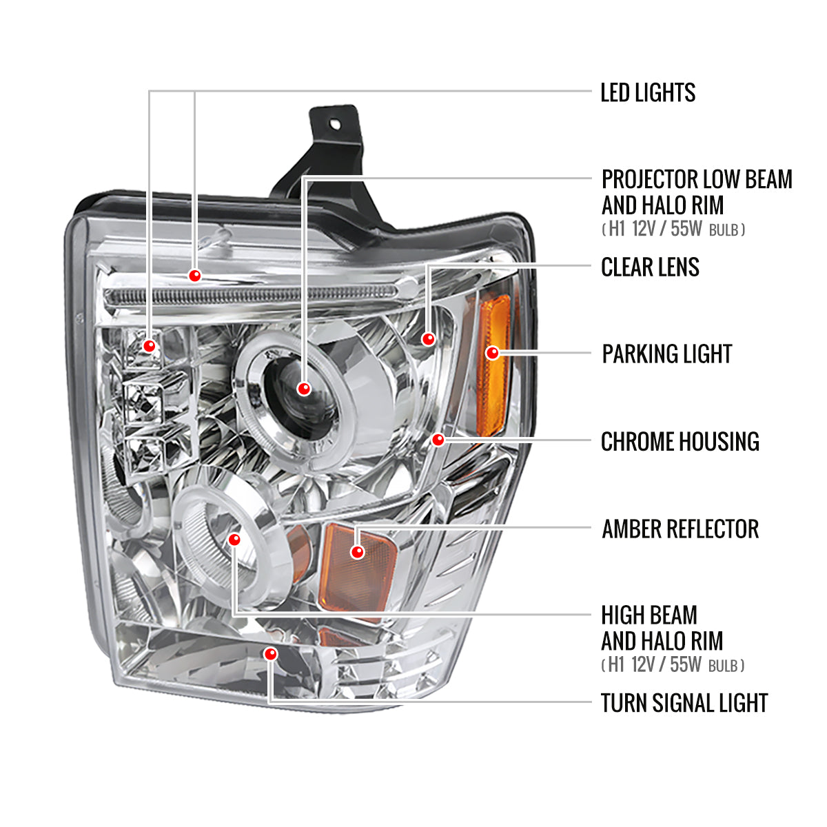 2008-2010 Ford F-250 F-350 F-450 Dual Halo Projector Headlights (Chrome Housing/Clear Lens)