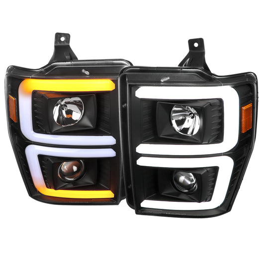2008-2010 Ford F-250/F-350/F-450/F-550 LED Sequential Turn Signal Bar Projector Headlights (Matte Black Housing/Clear Lens)