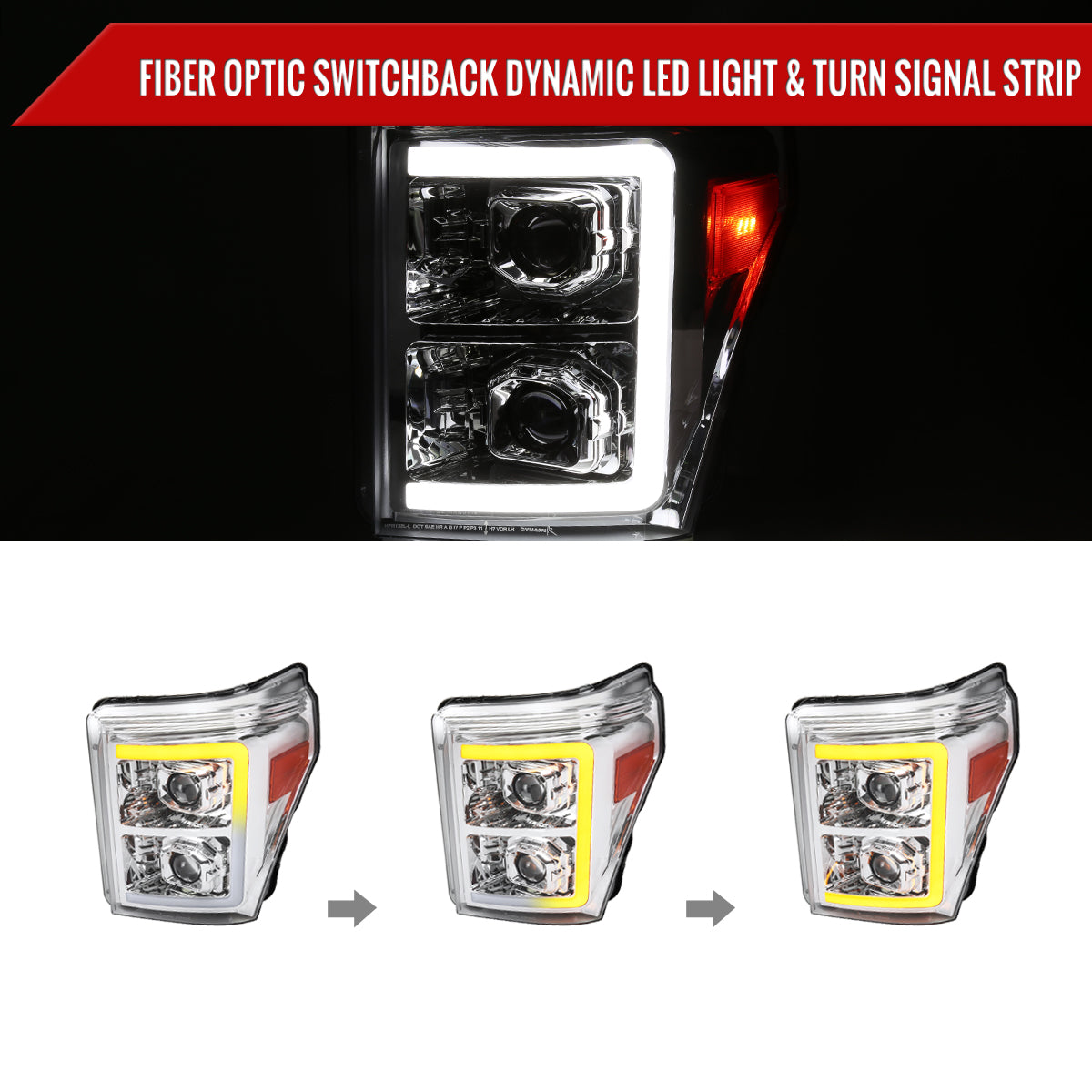 2011-2016 Ford F-250 F-350 F-450 F-550 Switchback Sequential LED C-Bar Projector Headlights (Chrome Housing/Clear Lens)