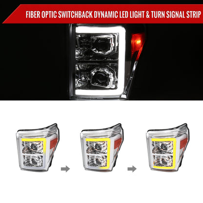 2011-2016 Ford F-250 F-350 F-450 F-550 Switchback Sequential LED C-Bar Projector Headlights (Chrome Housing/Clear Lens)