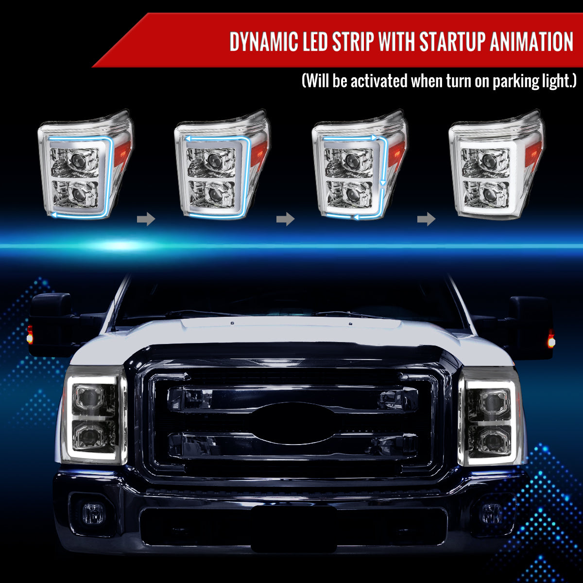 2011-2016 Ford F-250 F-350 F-450 F-550 Switchback Sequential LED C-Bar Projector Headlights (Chrome Housing/Clear Lens)