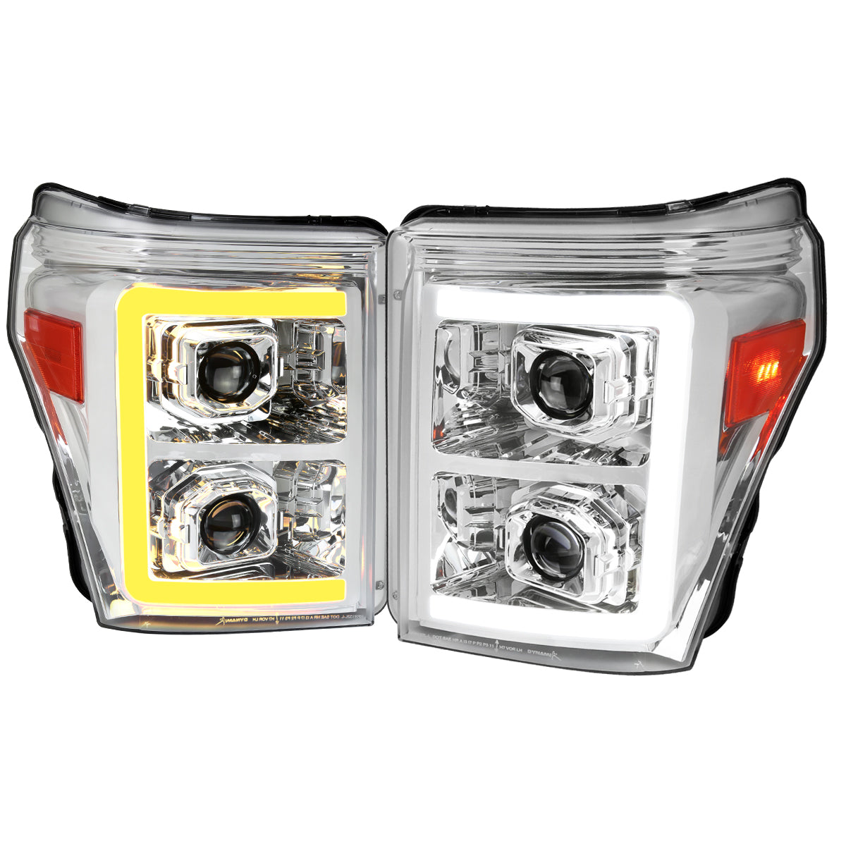 2011-2016 Ford F-250 F-350 F-450 F-550 Switchback Sequential LED C-Bar Projector Headlights (Chrome Housing/Clear Lens)