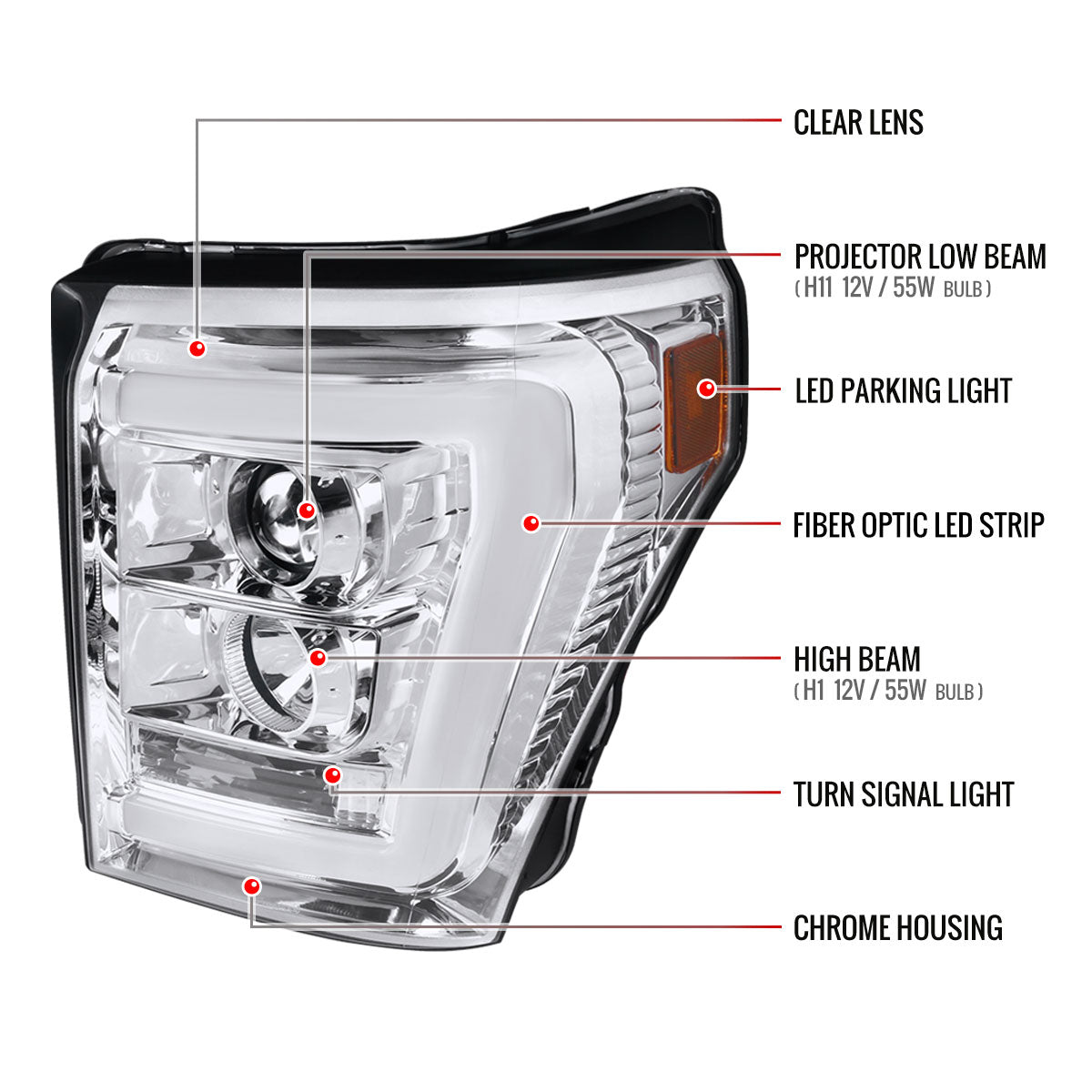 2011-2016 F-250/F-350/F-450/F-550 LED C-Bar Projector Headlights (Chrome Housing/Clear Lens)