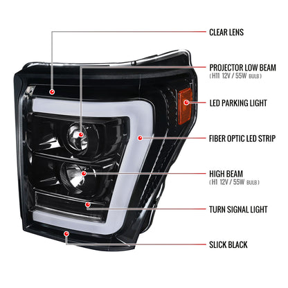 2011-2016 F-250/F-350/F-450/F-550 LED C-Bar Projector Headlights (Jet Black Housing/Clear Lens)