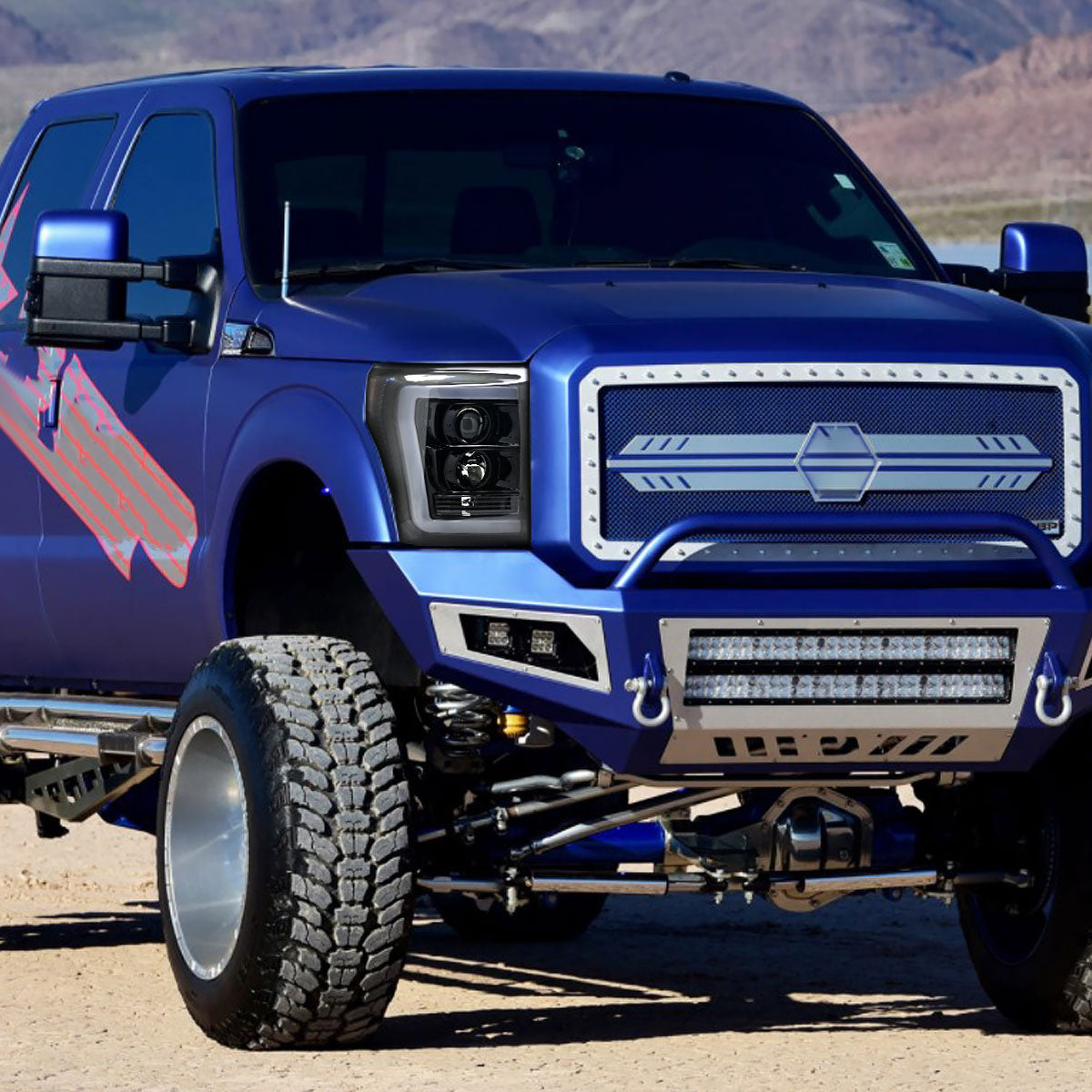 2011-2016 F-250/F-350/F-450/F-550 LED C-Bar Projector Headlights (Jet Black Housing/Clear Lens)