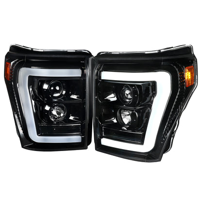 2011-2016 F-250/F-350/F-450/F-550 LED C-Bar Projector Headlights (Jet Black Housing/Clear Lens)