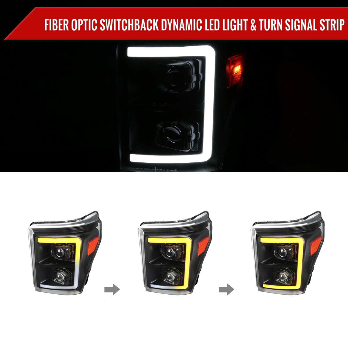 2011-2016 Ford F-250 F-350 F-450 F-550 Switchback Sequential LED C-Bar Projector Headlights (Matte Black Housing/Clear Lens)