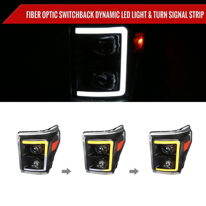 2011-2016 Ford F-250 F-350 F-450 F-550 Switchback Sequential LED C-Bar Projector Headlights (Matte Black Housing/Clear Lens)
