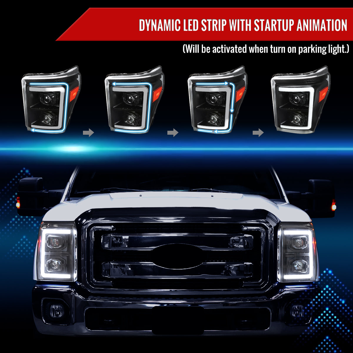 2011-2016 Ford F-250 F-350 F-450 F-550 Switchback Sequential LED C-Bar Projector Headlights (Matte Black Housing/Clear Lens)