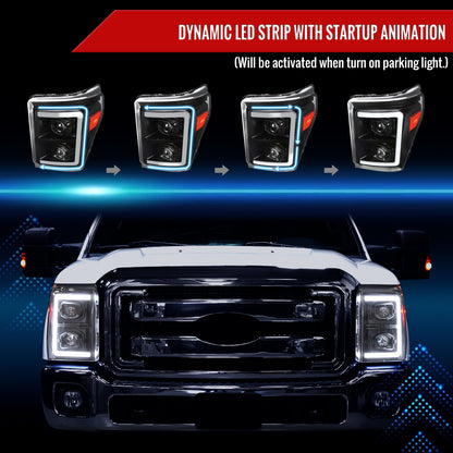 2011-2016 Ford F-250 F-350 F-450 F-550 Switchback Sequential LED C-Bar Projector Headlights (Matte Black Housing/Clear Lens)