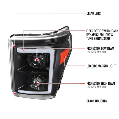 2011-2016 Ford F-250 F-350 F-450 F-550 Switchback Sequential LED C-Bar Projector Headlights (Matte Black Housing/Clear Lens)