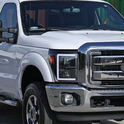 2011-2016 Ford F-250 F-350 F-450 F-550 Switchback Sequential LED C-Bar Projector Headlights (Matte Black Housing/Clear Lens)