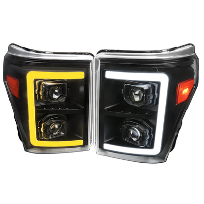 2011-2016 Ford F-250 F-350 F-450 F-550 Switchback Sequential LED C-Bar Projector Headlights (Matte Black Housing/Clear Lens)