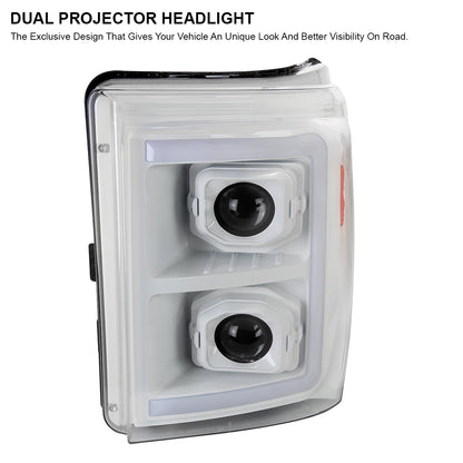 2011-2016 Ford F-250/F-350/F-450/F-550 Switchback Sequential LED C-Bar Projector Headlights (White Housing/Clear Lens)