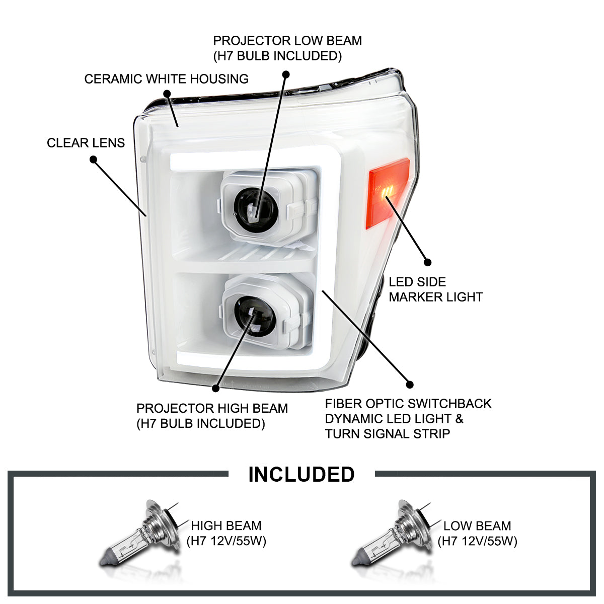 2011-2016 Ford F-250/F-350/F-450/F-550 Switchback Sequential LED C-Bar Projector Headlights (White Housing/Clear Lens)