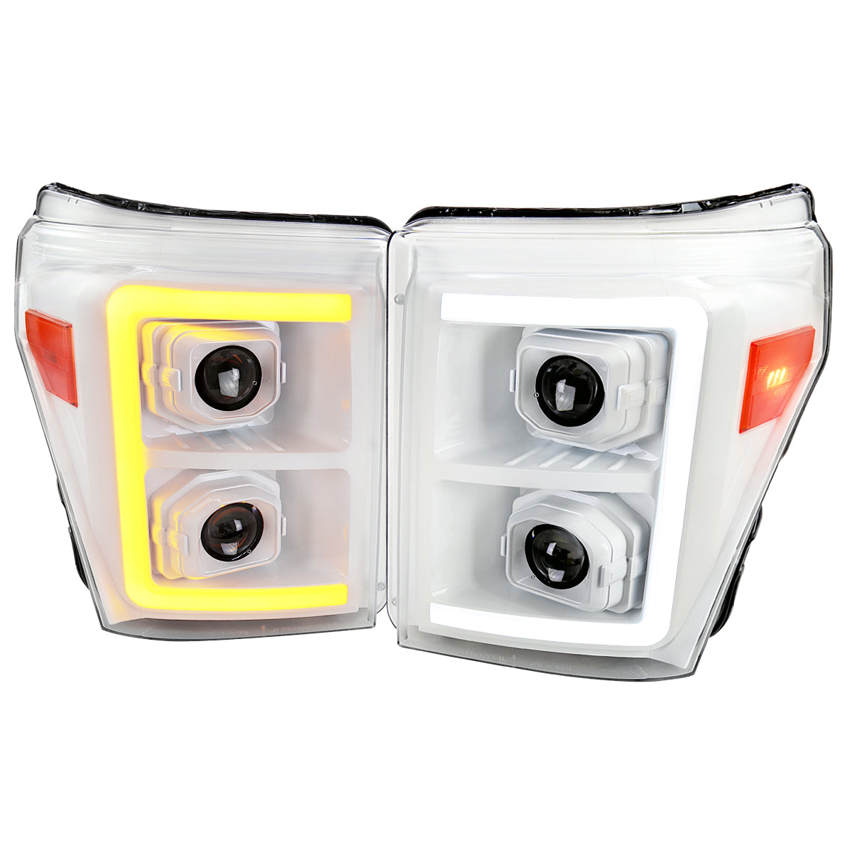 2011-2016 Ford F-250/F-350/F-450/F-550 Switchback Sequential LED C-Bar Projector Headlights (White Housing/Clear Lens)