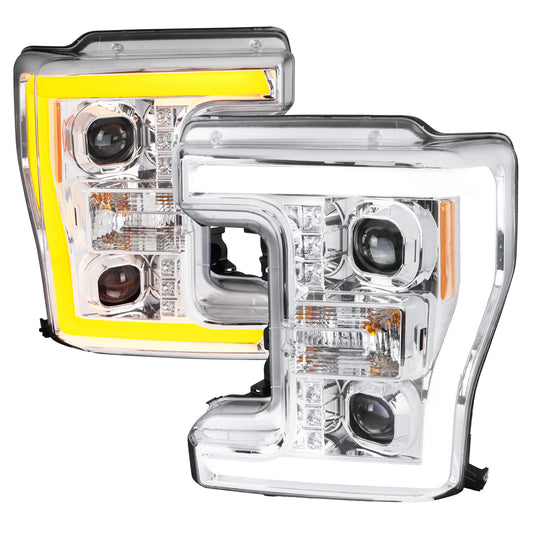 2017-2019 Ford F-250 F-350 F-450 F-550 Switchback LED C-Bar Projector Headlights (Chrome Housing/Clear Lens)