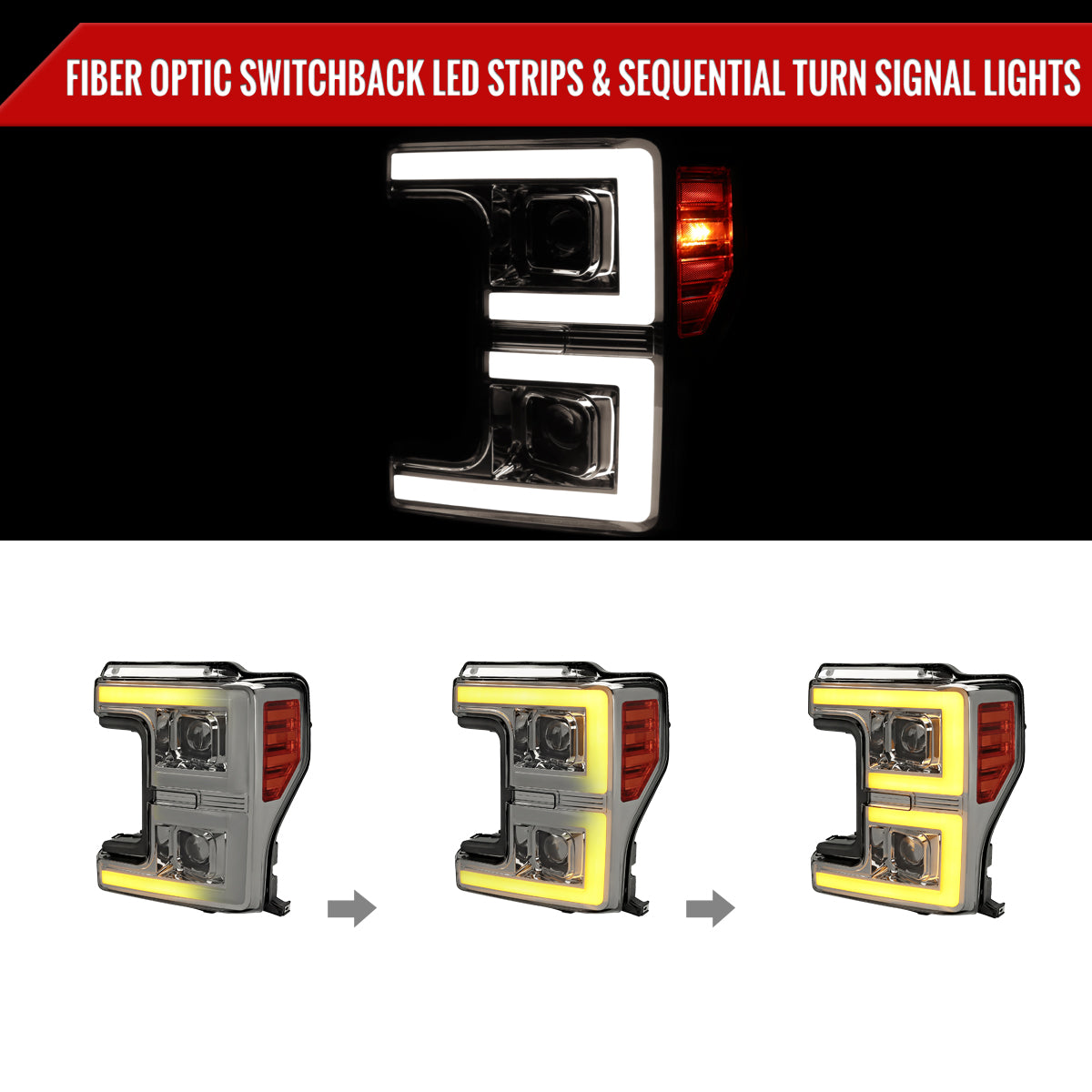 2017-2019 Ford F-250 F-350 F-450 F-550 LED C-Bar Projector Headlights w/ Switchback Sequential Turn Signals (Chrome Housing/Smoked Lens)