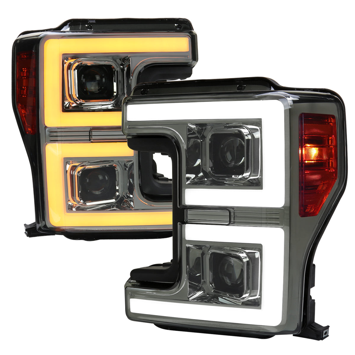 2017-2019 Ford F-250 F-350 F-450 F-550 LED C-Bar Projector Headlights w/ Switchback Sequential Turn Signals (Chrome Housing/Smoked Lens)