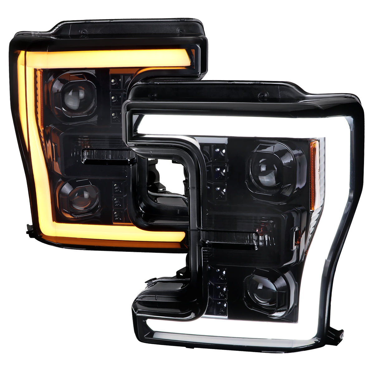 2017-2019 Ford F-250 F-350 F-450 F-550 Switchback LED C-Bar Projector Headlights (Glossy Black Housing/Smoked Lens)