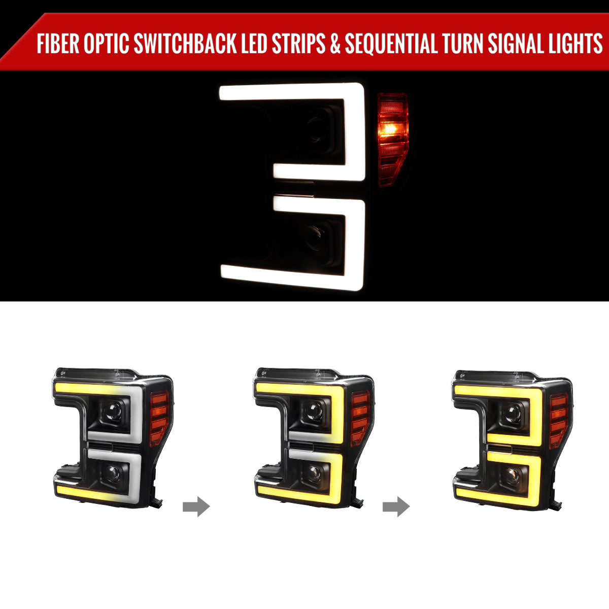 2017-2019 Ford F-250 F-350 F-450 F-550 LED C-Bar Projector Headlights w/ Switchback Sequential Turn Signals (Black Housing/Clear Lens)