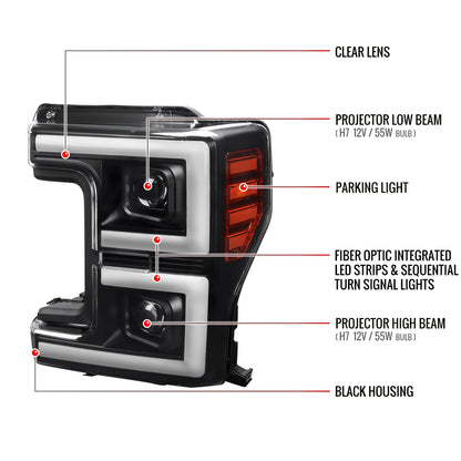 2017-2019 Ford F-250 F-350 F-450 F-550 LED C-Bar Projector Headlights w/ Switchback Sequential Turn Signals (Black Housing/Clear Lens)
