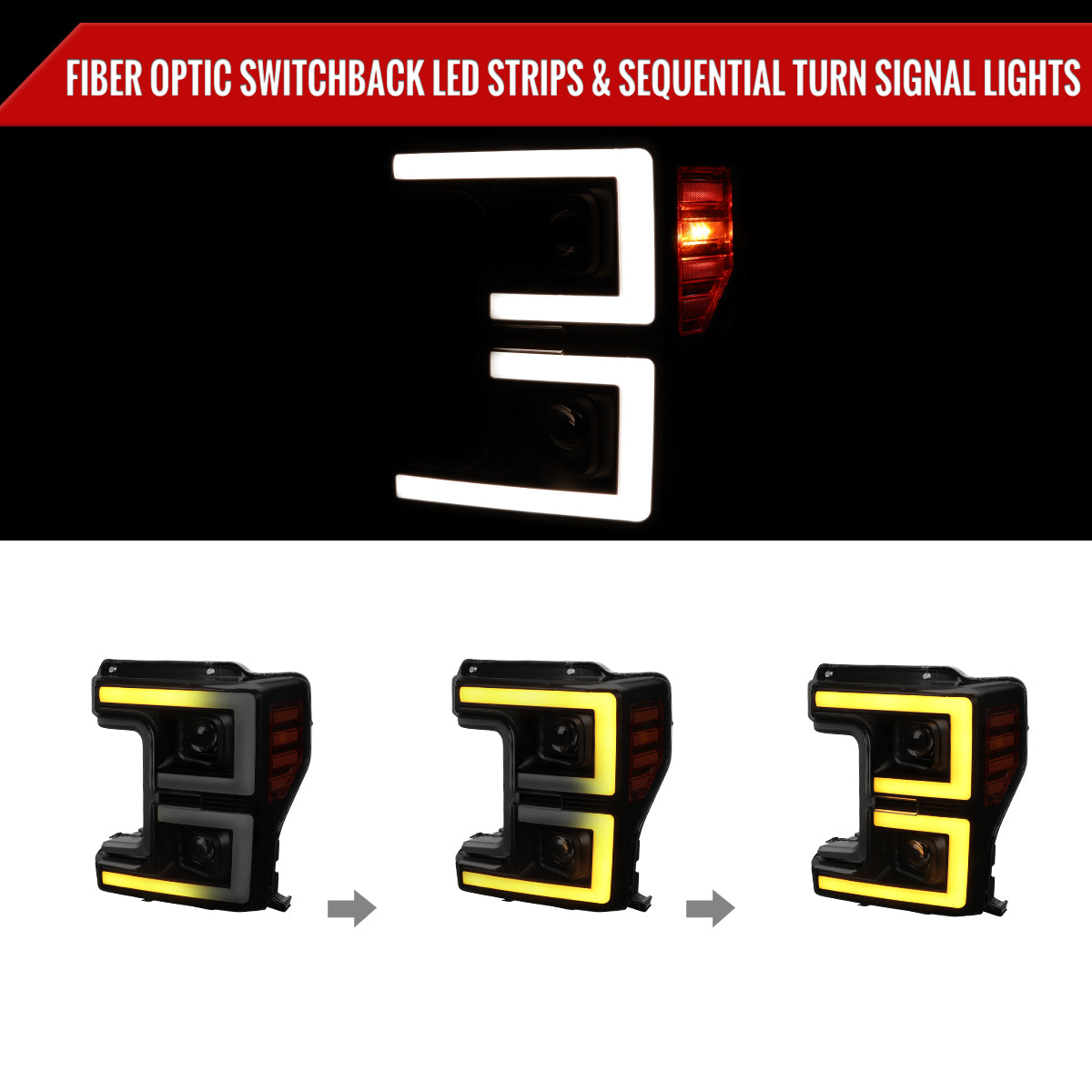 2017-2019 Ford F-250 F-350 F-450 F-550 LED C-Bar Projector Headlights w/ Switchback Sequential Turn Signals (Glossy Black Housing/Smoked Lens)