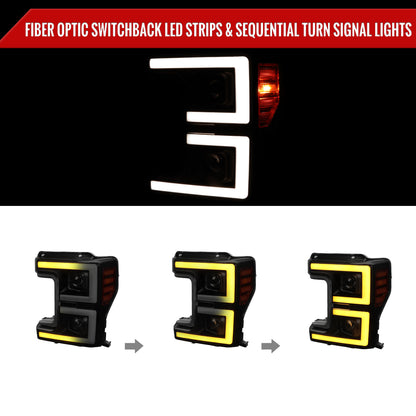 2017-2019 Ford F-250 F-350 F-450 F-550 LED C-Bar Projector Headlights w/ Switchback Sequential Turn Signals (Glossy Black Housing/Smoked Lens)