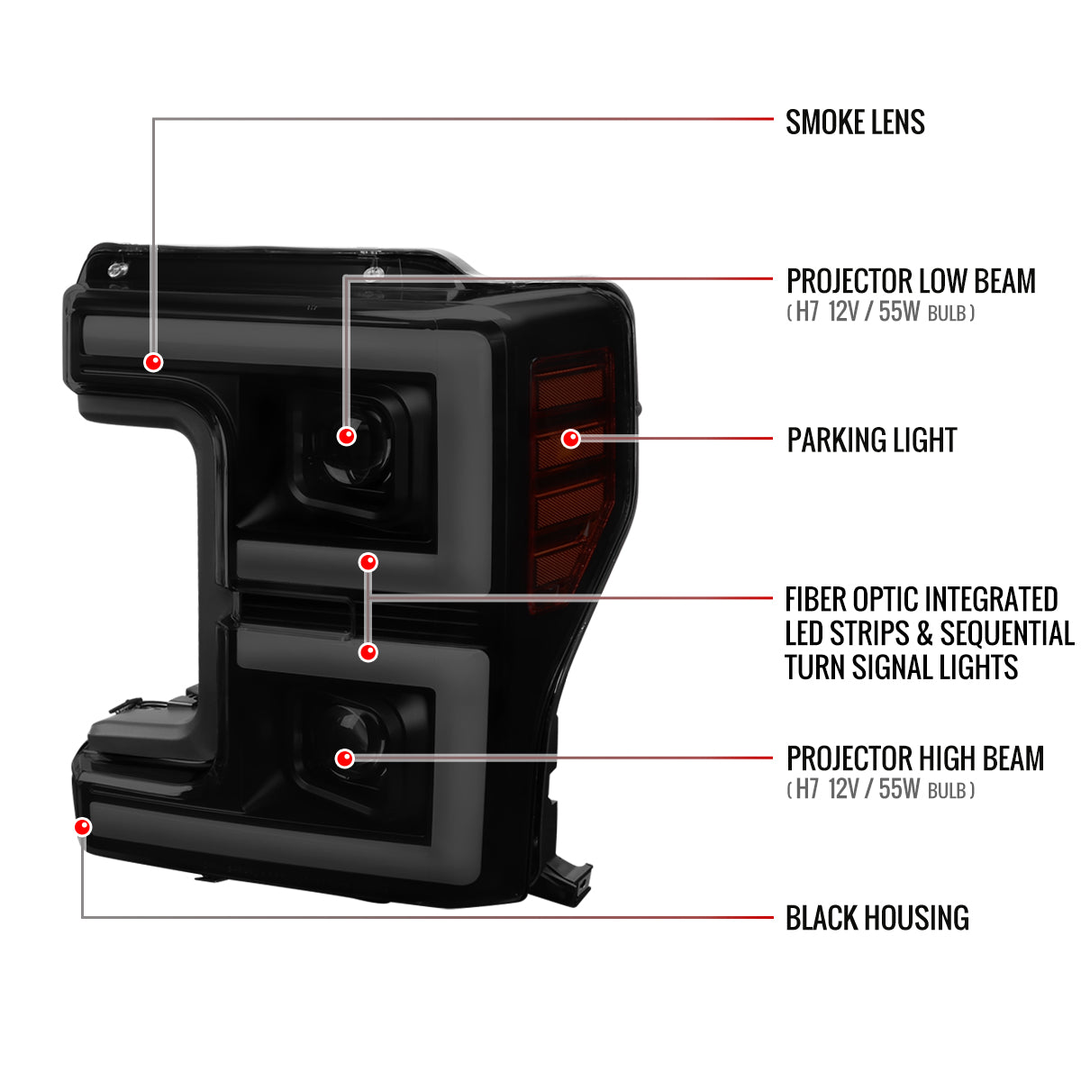 2017-2019 Ford F-250 F-350 F-450 F-550 LED C-Bar Projector Headlights w/ Switchback Sequential Turn Signals (Glossy Black Housing/Smoked Lens)