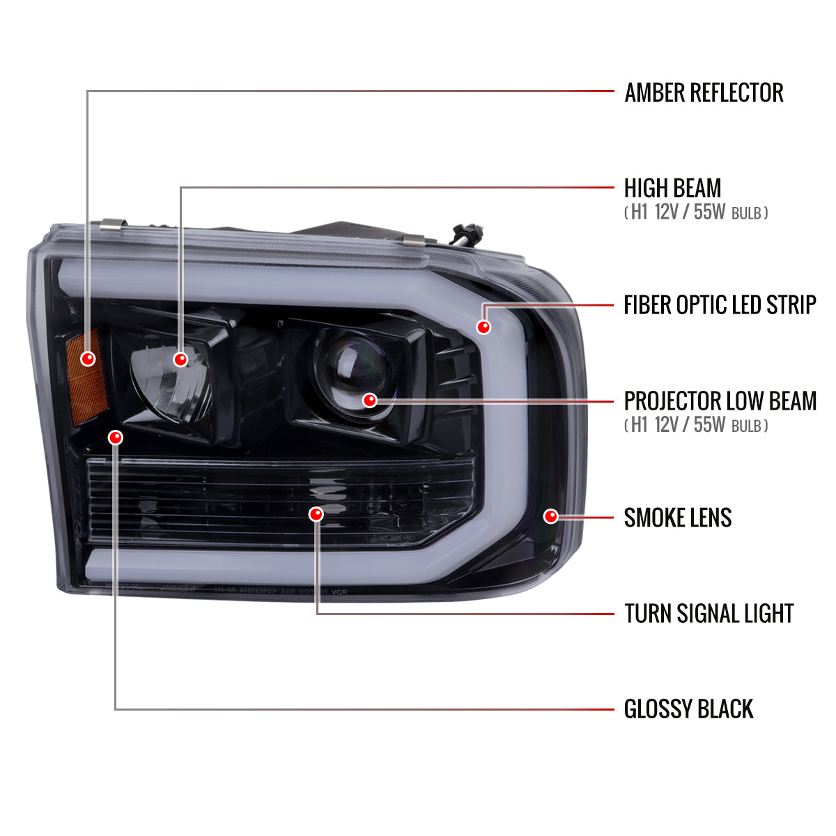 1999-2004 Ford F-250/F-350/F-450/F-550 /2000-2004 Ford Excursion LED Bar Projector Headlights (Glossy Black Housing/Light Smoked Lens)