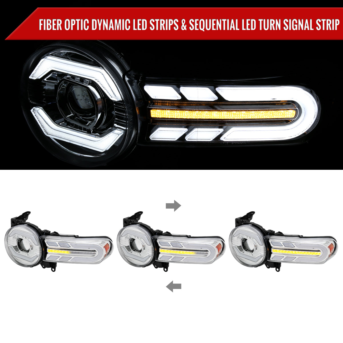 2007-2014 Toyota FJ Cruiser Switchback Sequential Turn Signal Animated LED Bar Projector Headlights (Chrome Housing/Clear Lens)