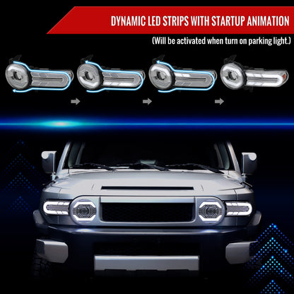 2007-2014 Toyota FJ Cruiser Switchback Sequential Turn Signal Animated LED Bar Projector Headlights (Chrome Housing/Clear Lens)