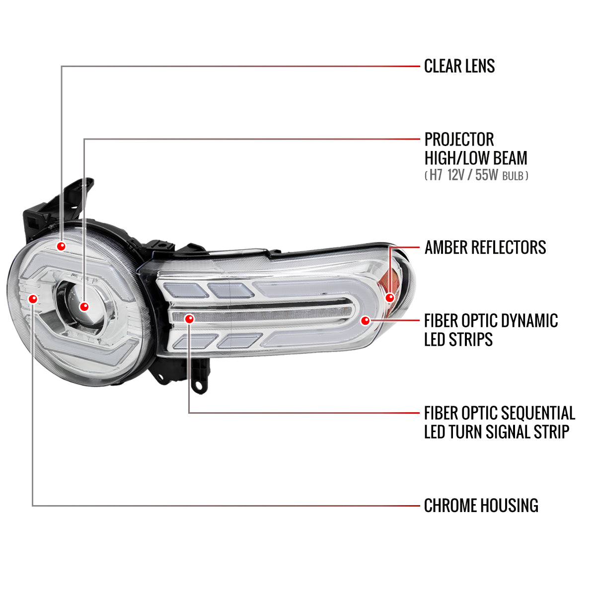 2007-2014 Toyota FJ Cruiser Switchback Sequential Turn Signal Animated LED Bar Projector Headlights (Chrome Housing/Clear Lens)