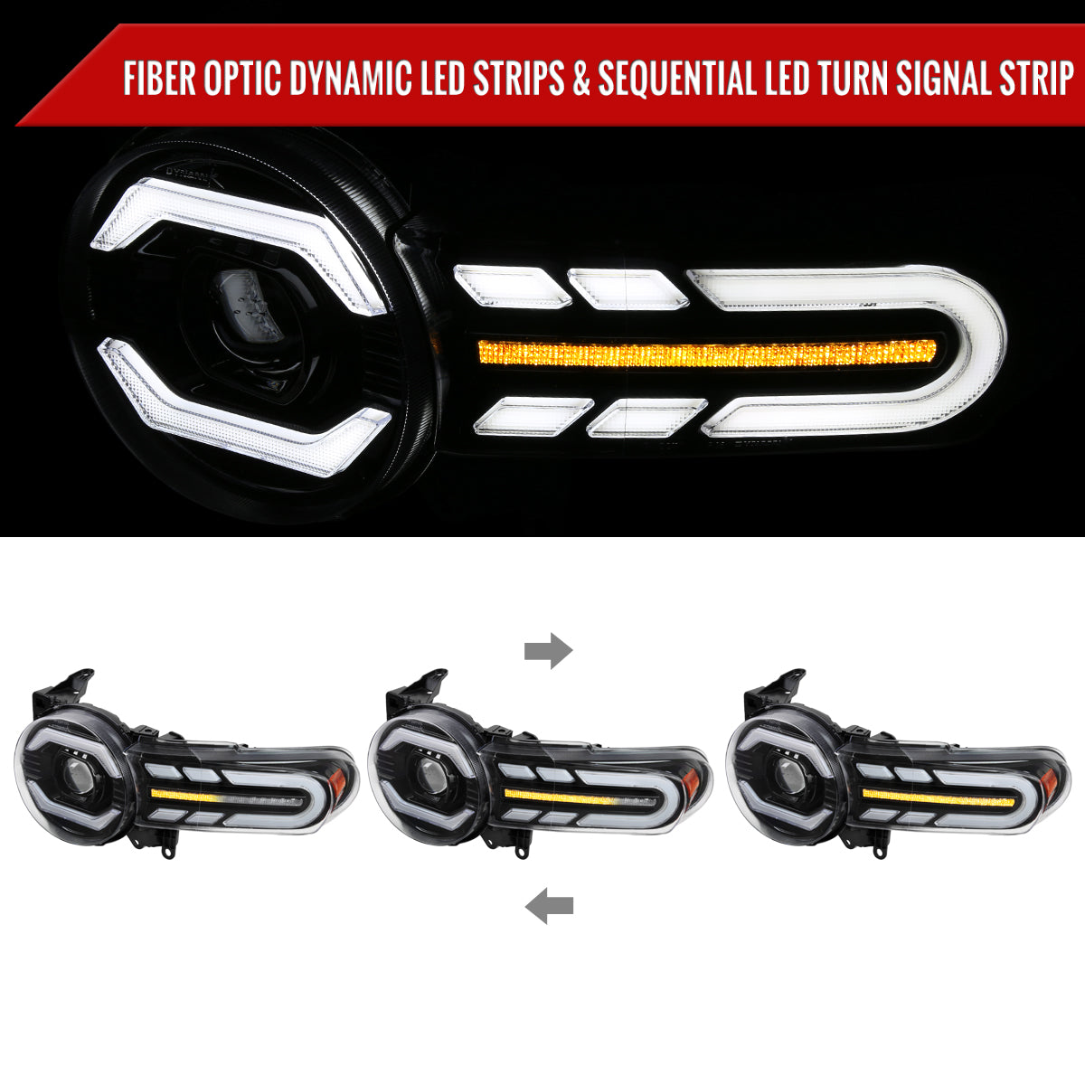 2007-2014 Toyota FJ Cruiser Switchback Sequential Turn Signal Animated LED Bar Projector Headlights (Matte Black Housing/Clear Lens)